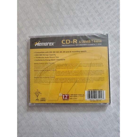 Sealed Memorex CD-R 650 MB 74 Min Recordable Compact Disc 1X 12X Write Speed - Picture 2 of 2